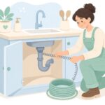 手動ワイヤーで排水管を清掃する様子をイメージしたイラスト