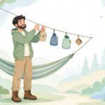 ハンモックのリッジラインにオーガナイザーを付ける様子をイメージしたイラスト
