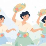 花笠を持って踊る祭りの様子をイメージしたイラスト