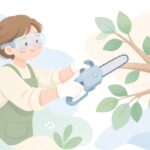 ハンドチェーンソーで庭木を剪定する様子をイメージしたイラスト