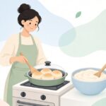 フライパンで手ごねパンを焼く様子をイメージしたイラスト
