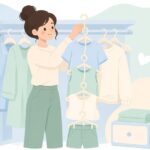 ハンガーを連結フックでつなげて収納する様子をイメージしたイラスト