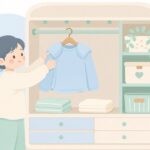 ハンガーに肩カバーを付けて服を掛ける様子をイメージしたイラスト