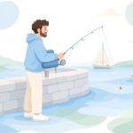 ヘチ釣りでひじ当てを使う様子をイメージしたイラスト