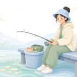 ヘチ釣りで逆さ桶を使う様子をイメージしたイラスト