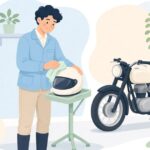 ヘルメットをスタンドに置いて手入れする様子をイメージしたイラスト