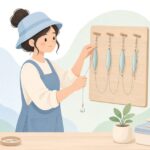 へら釣りのハリスを掛け板に掛ける様子をイメージしたイラスト