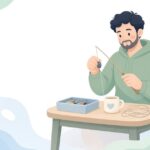 へら釣りのオモリ軸を付ける様子をイメージしたイラスト