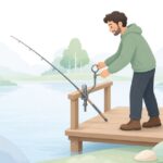 へら釣りで万力用Cリングを取り付ける様子をイメージしたイラスト