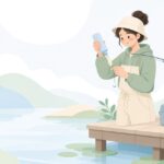 へら釣りでオカユポンプを使う様子をイメージしたイラスト