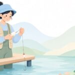 へら釣りで床取りゴム粘土を針に付けて水深を測る様子をイメージしたイラスト