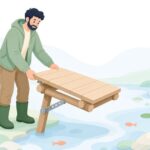 へら釣りの釣台を角度チェンジャーで調整する様子をイメージしたイラスト