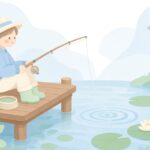 へらぶな釣りで釣台にエサボウルを付ける様子をイメージしたイラスト