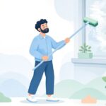 ウォーターブラシで高所の窓ガラスを清掃する様子をイメージしたイラスト