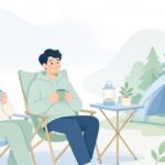背の高いキャンプ用の椅子とテーブルでくつろぐ様子をイメージしたイラスト