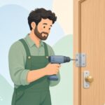 蝶番用センタードリルで扉に下穴を開ける様子をイメージしたイラスト