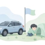 キャンプ場で車のヒッチにフラッグポールを立てる様子をイメージしたイラスト