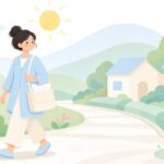 書類バッグを持って訪問先へ向かう訪問介護職員の様子をイメージしたイラスト