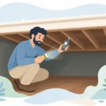 床下点検で水分計を使って木材の含水率を測る様子をイメージしたイラスト