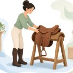 乗馬用の鞍を鞍スタンドに置く様子をイメージしたイラスト