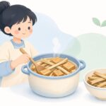 干しずいきを使った煮物を作る様子をイメージしたイラスト