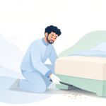 薄型の隙間ワイパーでホテルのベッド下を掃除する様子をイメージしたイラスト
