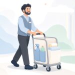 清掃カートバッグを付けたカートを押すホテル清掃員の様子をイメージしたイラスト