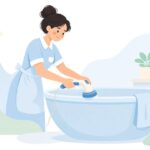 ハンドポリッシャーで浴室を清掃する様子をイメージしたイラスト