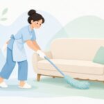 フレキシブルダスターで家具の下を掃除するハウスクリーニングの様子をイメージしたイラスト