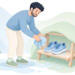雨で濡れた靴を乾かす様子をイメージしたイラスト
