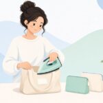 布の持ち物に名前ラベルを付ける様子をイメージしたイラスト