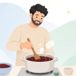 小豆から粒あんを作る様子をイメージしたイラスト