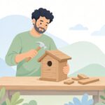 木の板で小鳥用の巣箱を作る様子をイメージしたイラスト