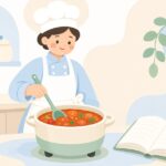 本を参考にハンガリー料理を作る様子をイメージしたイラスト