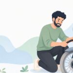 ブレーキホースにラバープロテクターを巻くバイク整備の様子をイメージしたイラスト