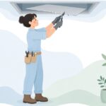 板金ハサミで空調ダクト用の金属板を切る様子をイメージしたイラスト