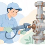 油圧ナットカッターで錆びたナットを切断する作業をイメージしたイラスト