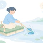 筏釣りでダンゴ杓を使って撒き餌をする様子をイメージしたイラスト