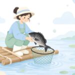 筏で釣ったチヌをスカリに入れる様子をイメージしたイラスト