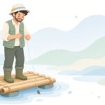 筏釣りで広角スイベルを使う様子をイメージしたイラスト