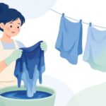 藍染めの布を染め液から引き上げる様子をイメージしたイラスト