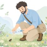 野外で吸虫管を使って昆虫を採集する様子をイメージしたイラスト