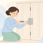 室内折戸の連動金具を交換する様子をイメージしたイラスト
