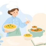 本を参考にイラン料理を作る様子をイメージしたイラスト