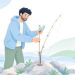 石鯛釣りでピトンにバタフライトップを取り付ける様子をイメージしたイラスト