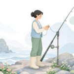 石鯛釣りで尻手カンを使って竿を固定する様子をイメージしたイラスト
