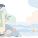 磯で円錐ウキを使ってフカセ釣りをする様子をイメージしたイラスト