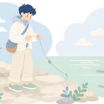 磯でフカセ仕掛けを調整する様子をイメージしたイラスト