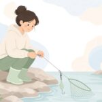 磯フカセ釣りで仕掛けを結ぶ様子をイメージしたイラスト
