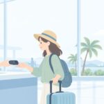 空港でポケットWiFiを受け取る海外旅行のイラスト